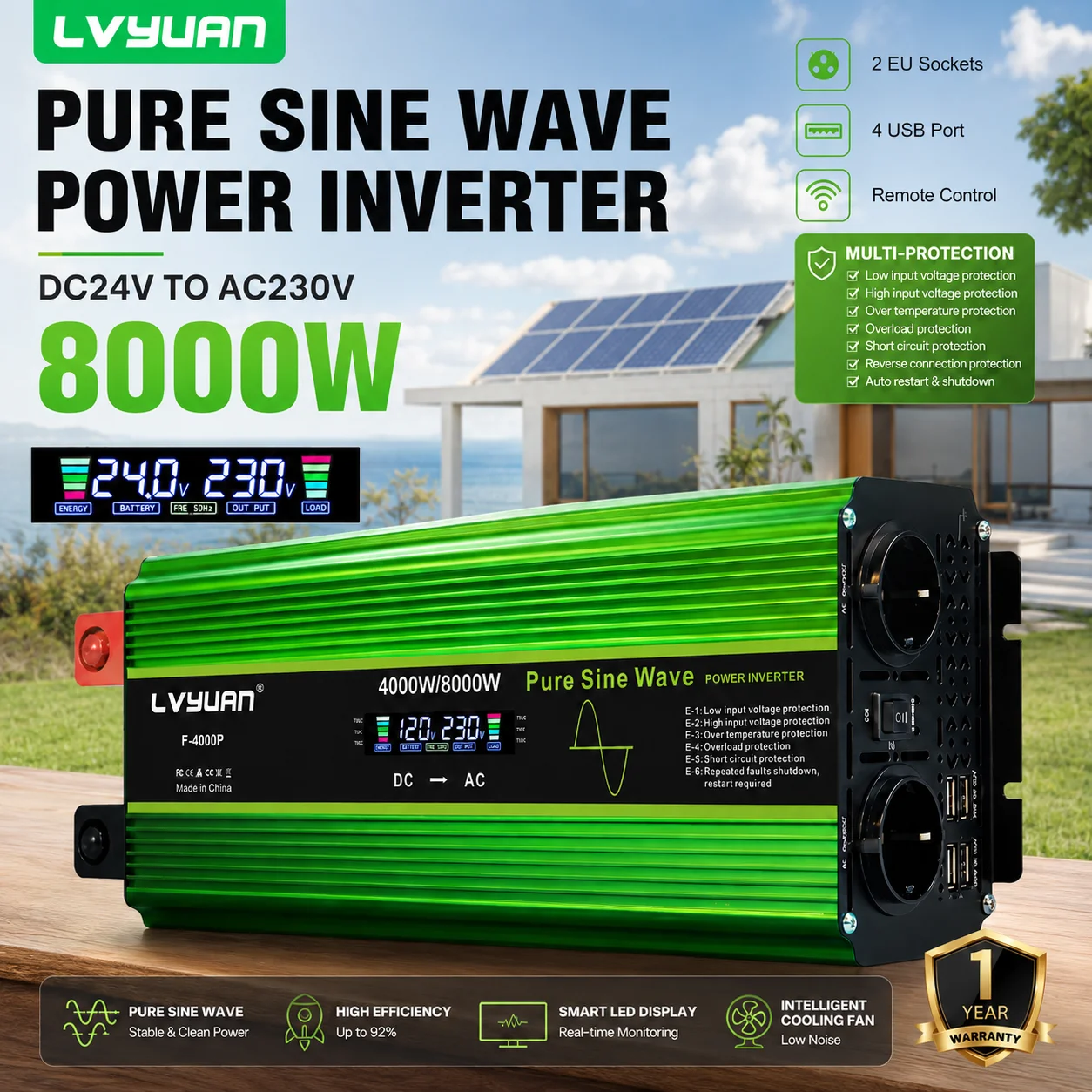 4000W-8000W Pure Sine Inverter 12V/24V 230V 50Hz LCD Display Remote Control 2 EU Sockets 4 USB Ports Caravan RV Solar LVYUAN