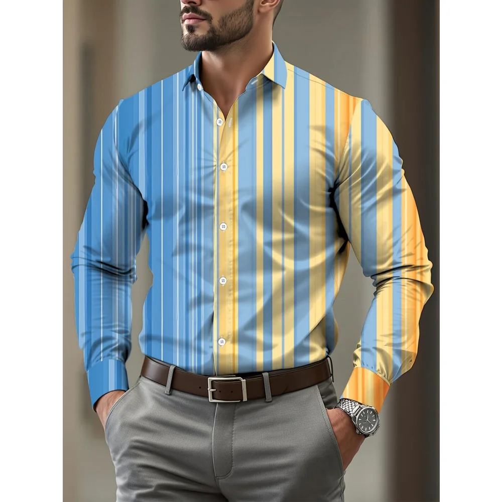 

Men's Color-Blocked Striped Long-Sleeve Shirt Retro Style Business Casual Shirt Luxurious Outdoor Streetwear Style Men's Tops