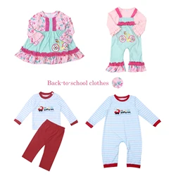 Baby Cotton Long Sleeve T-shirt Set Round Neck Back To School Car Pattern Boy Blue Stripe Top Clothes And Red Pants Girl Dress