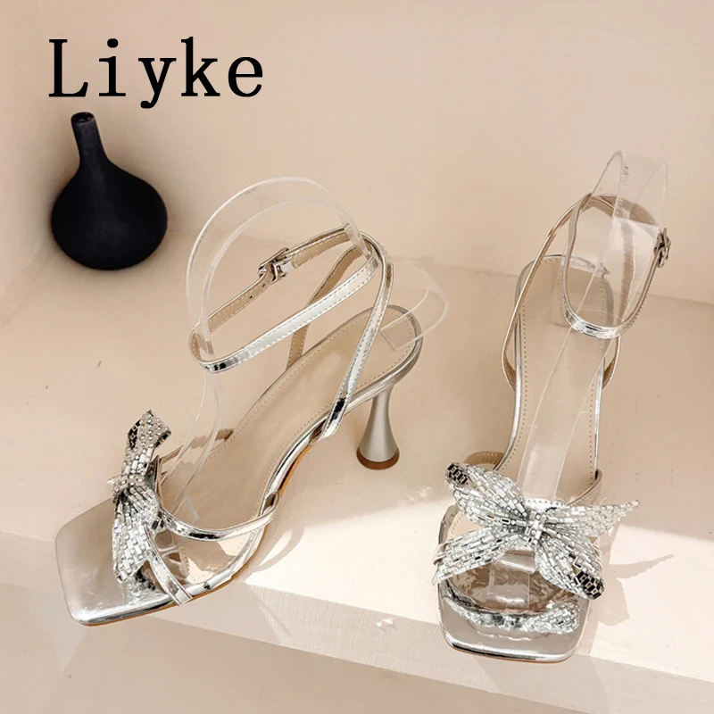 Liyke Fashion Design Crystal Bowknot Square Toe Elegant Sandal Women Wedding Party Shoes Gladiator High Heels Ladies Gold Silver