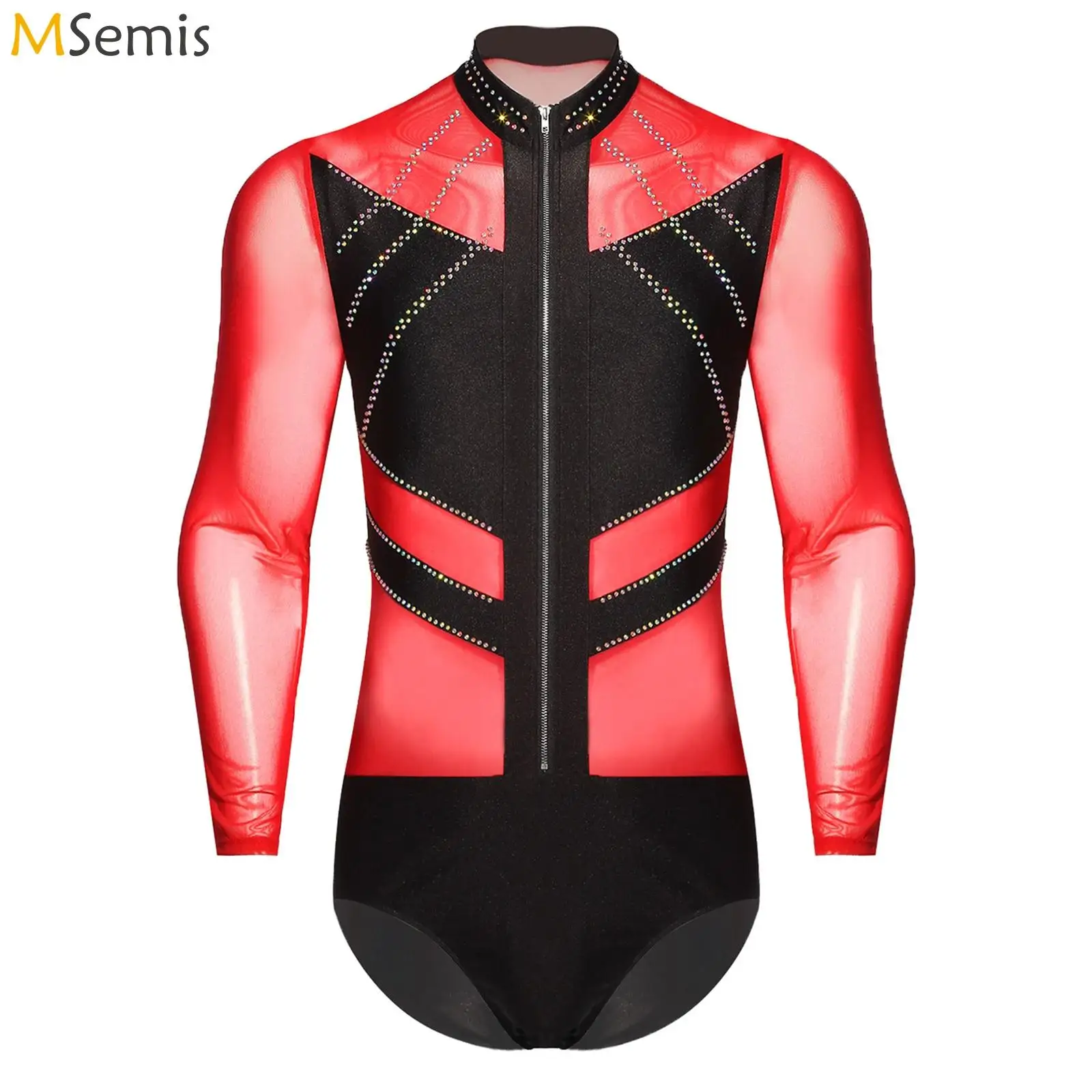 Heren glittersteentjes gymnastiek artistiek kunstschaatsen kostuum lange mouw ritssluiting pure mesh dans maillots bodysuit
