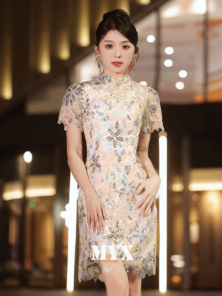 

Young Mom Formal Evening Dr Evening Gown Korean Sle ort Sve Zipper Closure Fitted Skirt Bright Sequin Detail