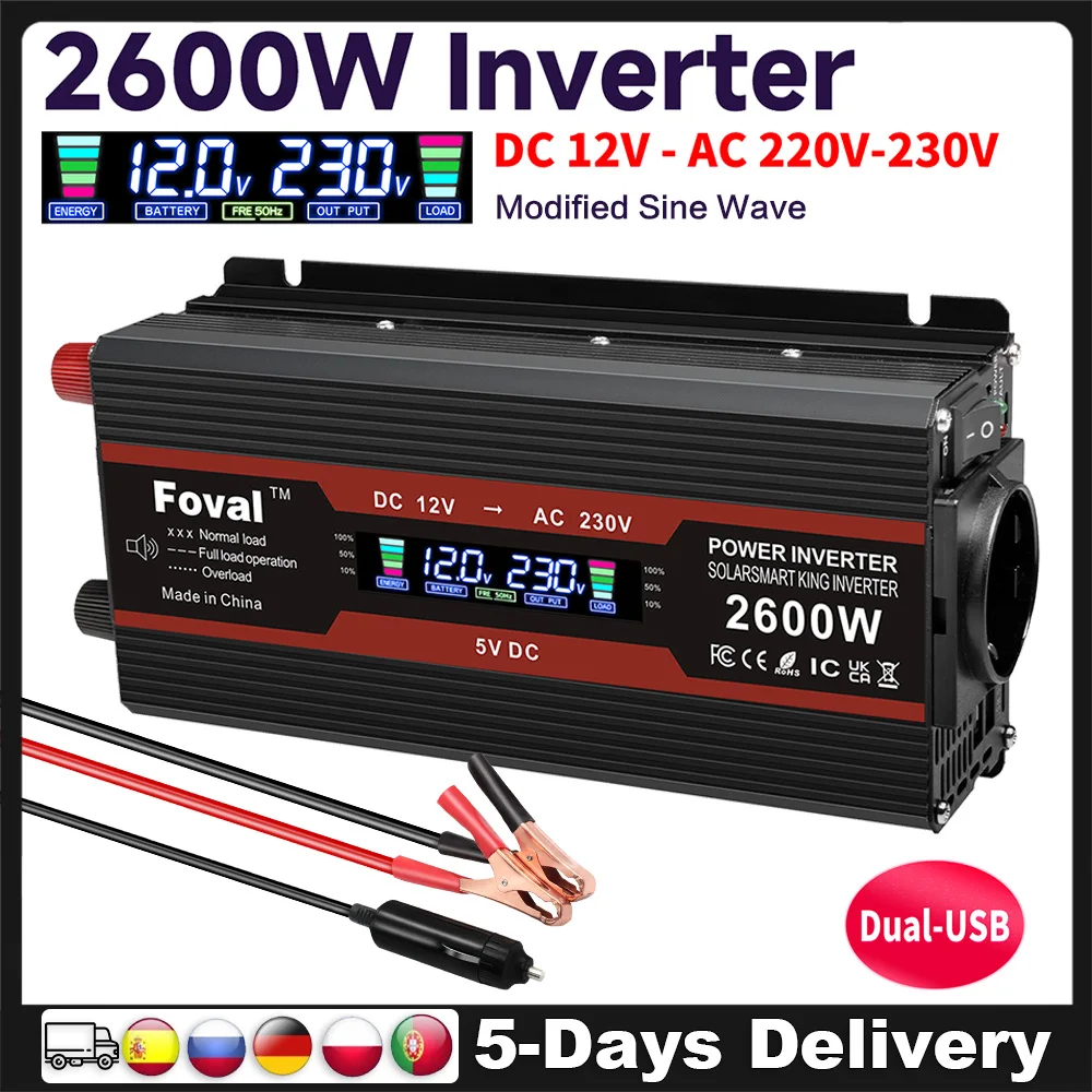 

DC12V/24V в AC 220V 1500 Вт/2000 Вт/2600 Вт инвертор мощности модифицированный синусоидальный автомобильный трансформатор преобразователь розетки ЕС ЖК-дисплей для домашнего автомобиля