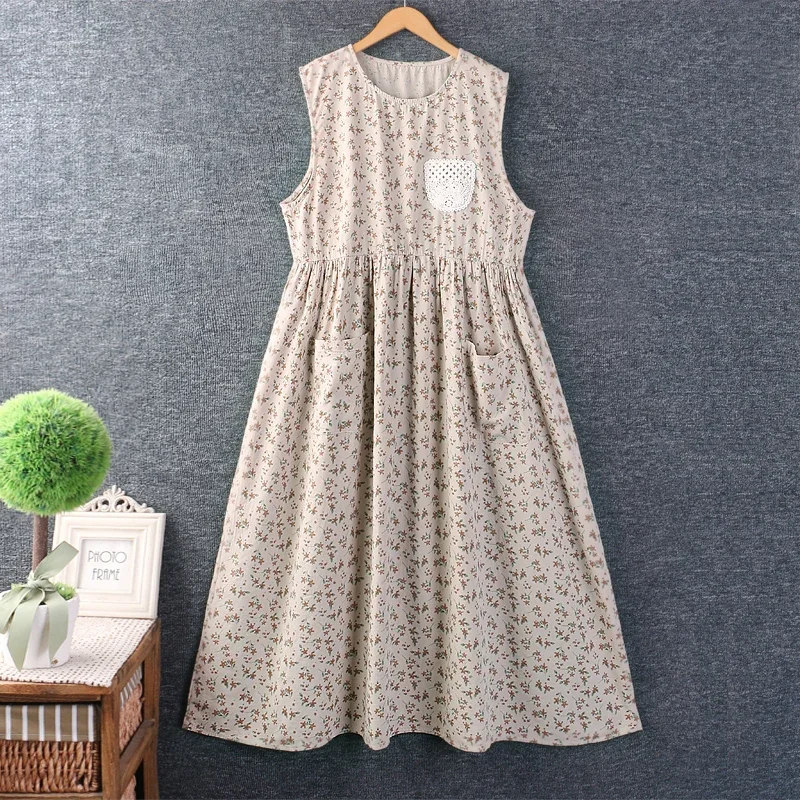 

Spring Sweet Mori Girl Vintage Floral Print Tank Dress Women O-neck Sleeveless Casual Loose Pockets Midi Dresses