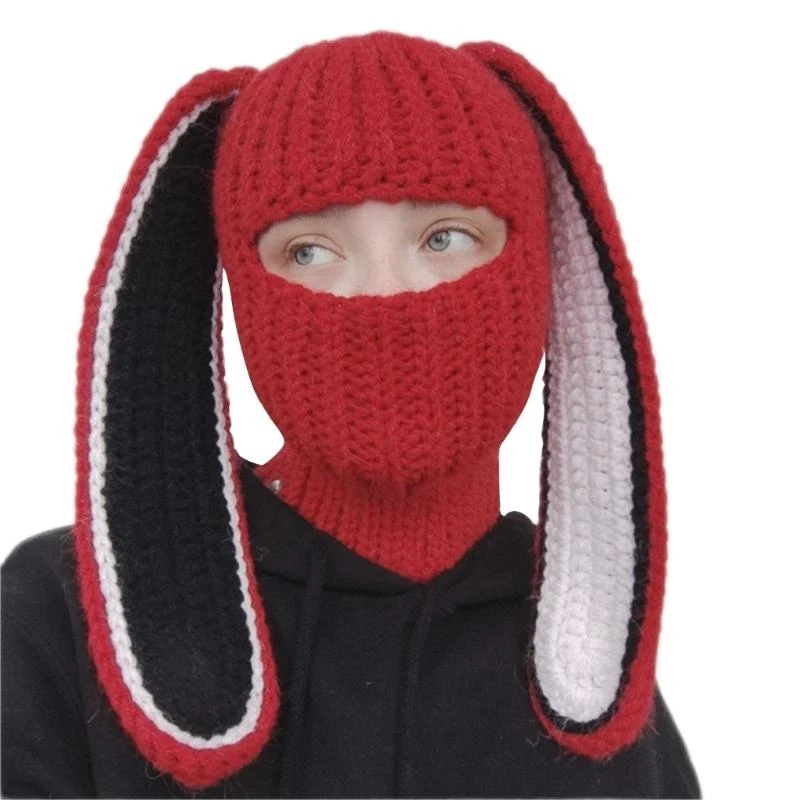 Gorro ciclismo invierno para adultos, gorro punto con forma oreja conejito dibujos animados, gorro suave, ropa