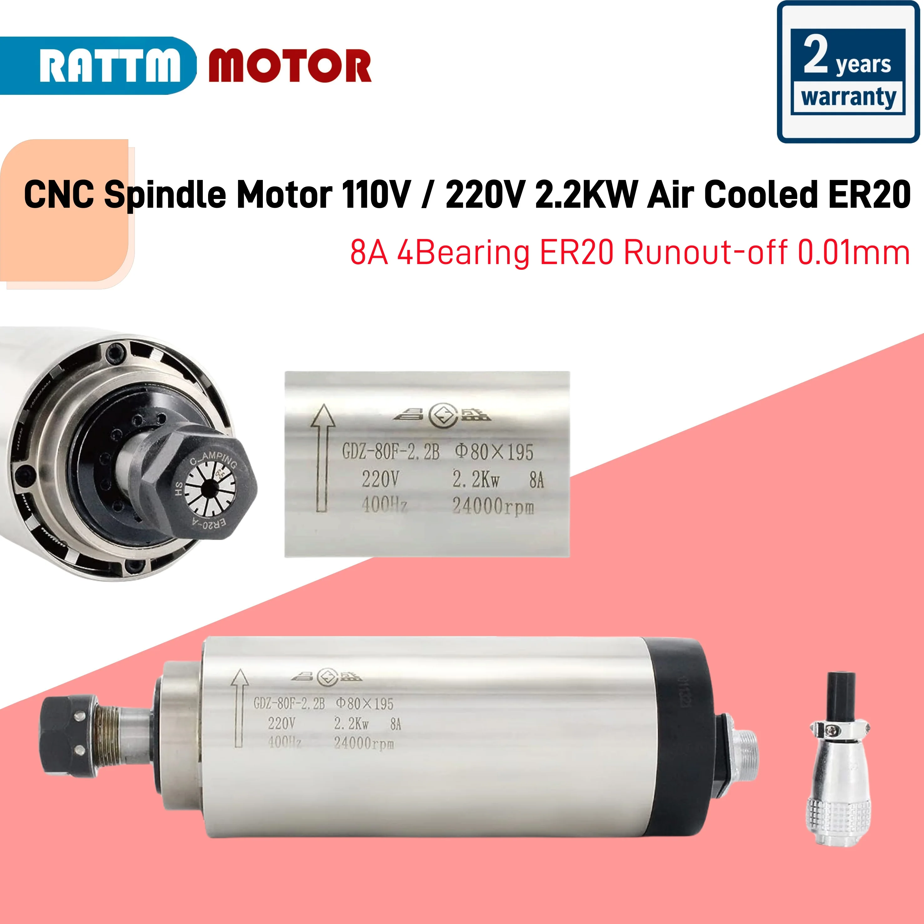 

CNC 2.2Kw Air Cooled Spindle Motor 220V 8A 4Bearing ER20 Runout-off 0.01mm 400HZ 24000RPM For CNC Engraving Grind