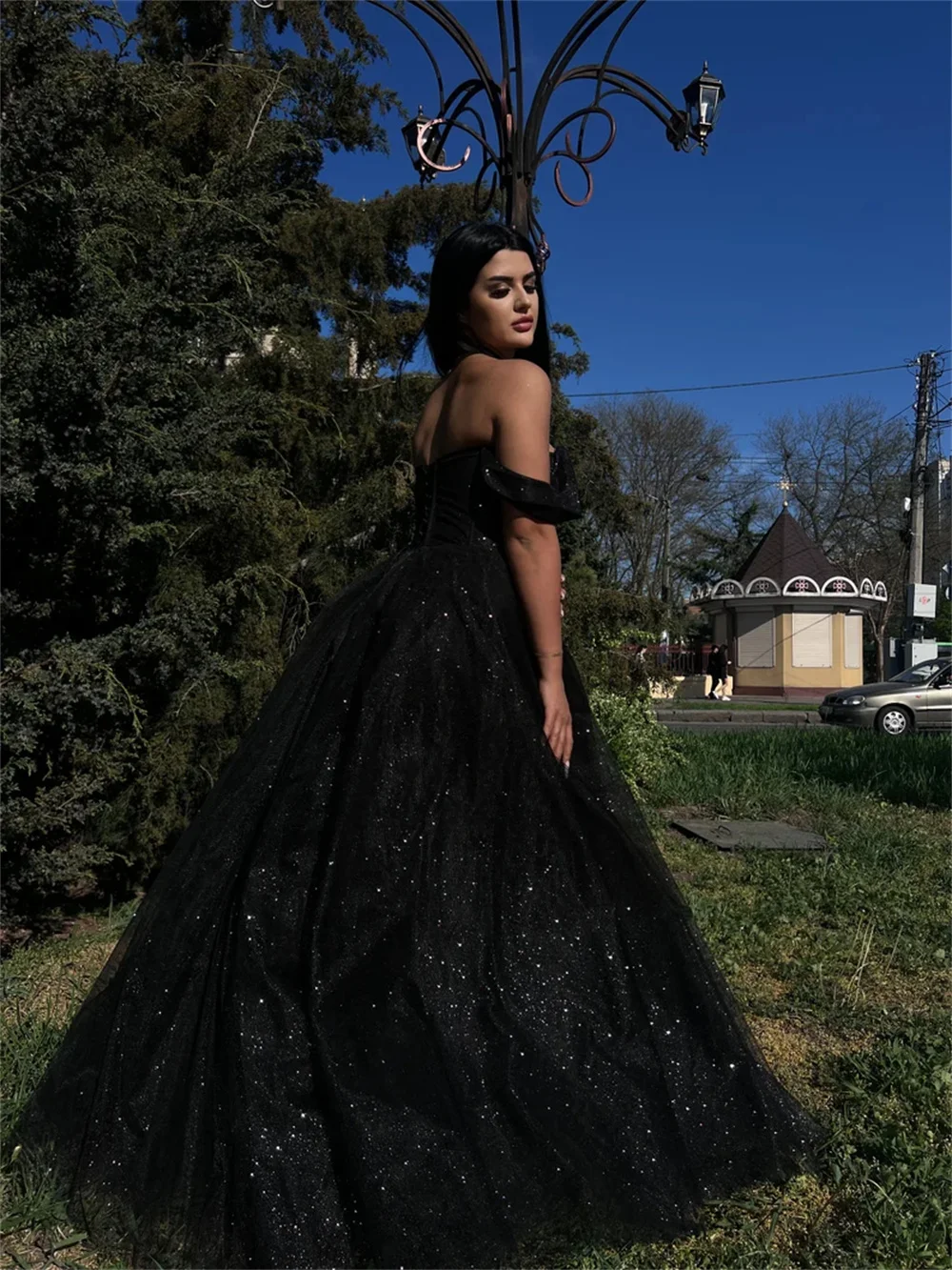 Cathy Black Glitter Prom Dresses Off the Shoulder A-line Floor-length Evening Dress Elegant Sleeveless vestidos de fiesta 2024