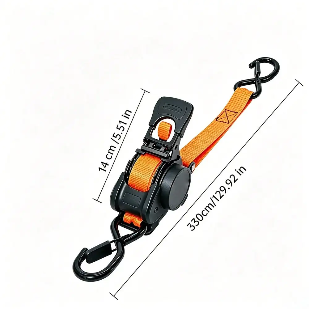 Orange Self-Retracting Ratchet Strap, Thickened And Wear-Resistant Webbing That Is Not Easily Broken, One-Button Tightening And Releasing, Automatic Rewinding Without Tangling, Suitable For Securing Cargo On Pickup Trucks, Motorcycles, And Trailers