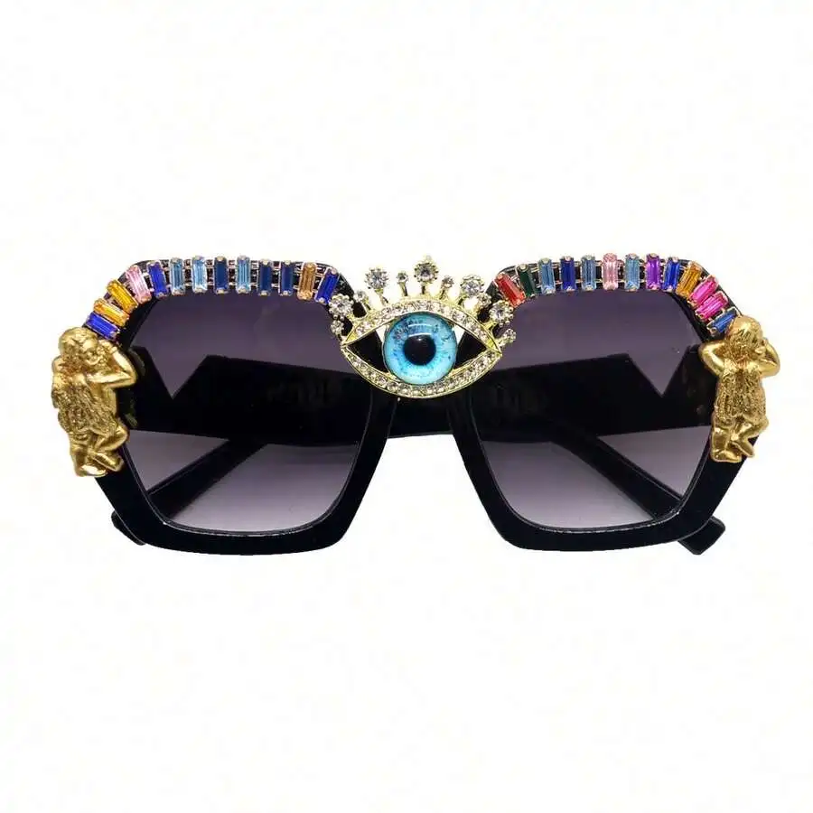 

Large Hexagonal Sunglasses With Colorful Rhinestones And Evil Eye Decor