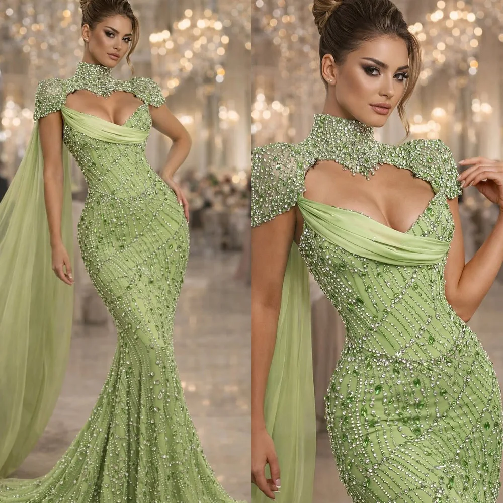 

Exquisite Mermaid Evening Dresses For Women High Neck Sleeveless Gown Crystal Sequins Sweep Train Dress Party Customized Dress