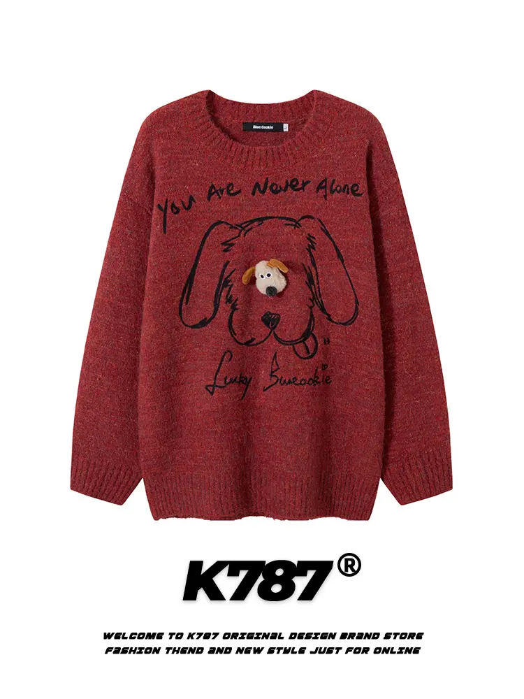 

K787 American Retro Dog Doll Spliced Knitted Sweater ex Trendy Cute Red Zodiac Year Couple Sweaters Casual Loose Fit