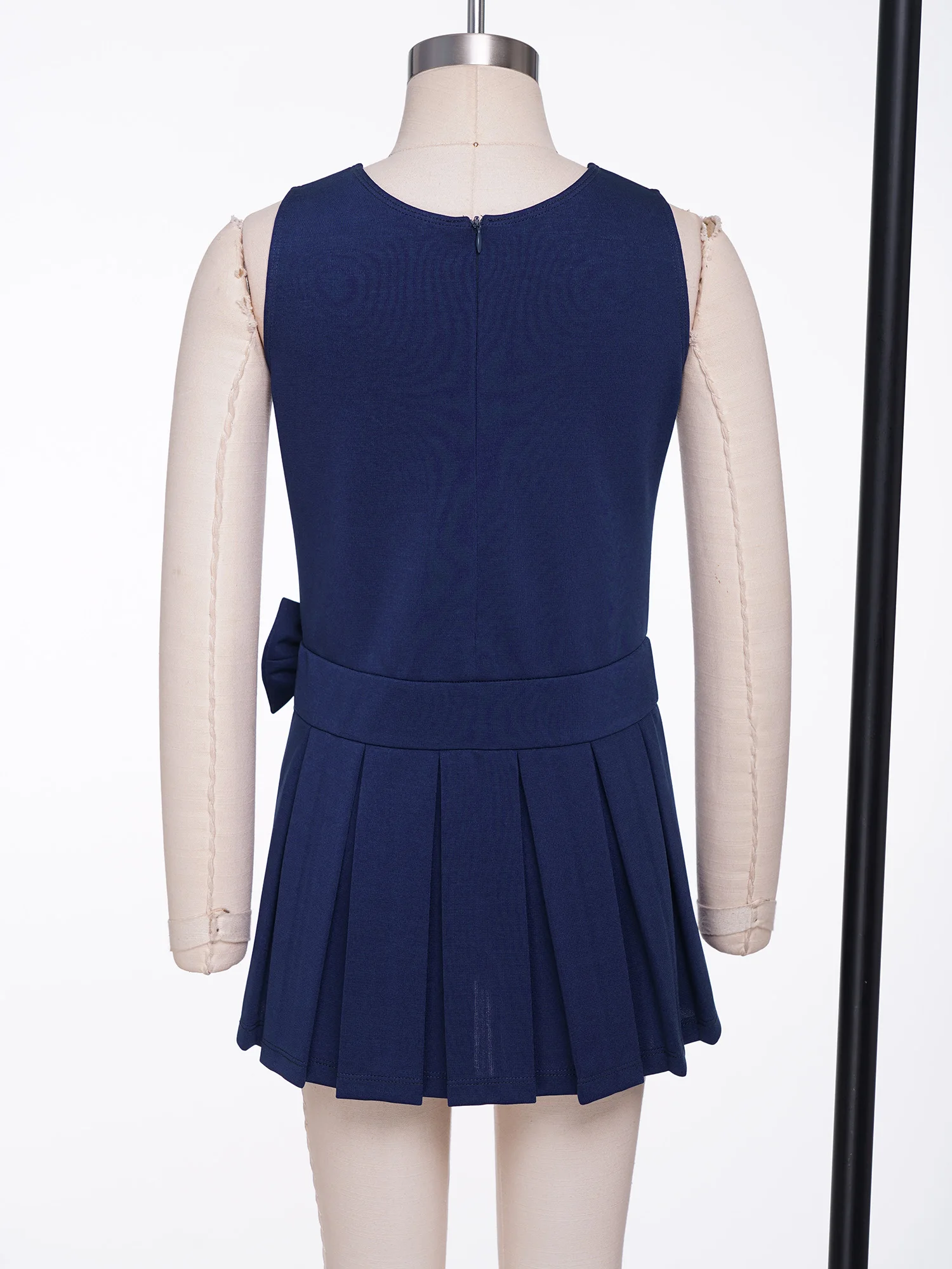 Kids Girls School Uniform Jumper Sleeveless Back Zipper Bowknot Pleated Dress for Classroom Graduation Ceremony Photo Shoot