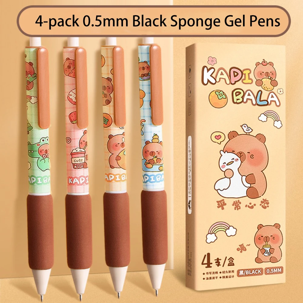 4PCS/Box ST Tip Capybara Neutral Pen Press Type 0.5mm Black Ink Signing Pen School Supplies Soft Cloud Grip Ballpoint Pen