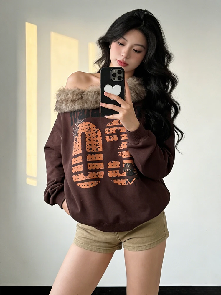 

American Sle Hot Girl Slope oulder Long Sve Hoodie Women's Autumn Winter Removable Fur Collar Design Loose oulder To...