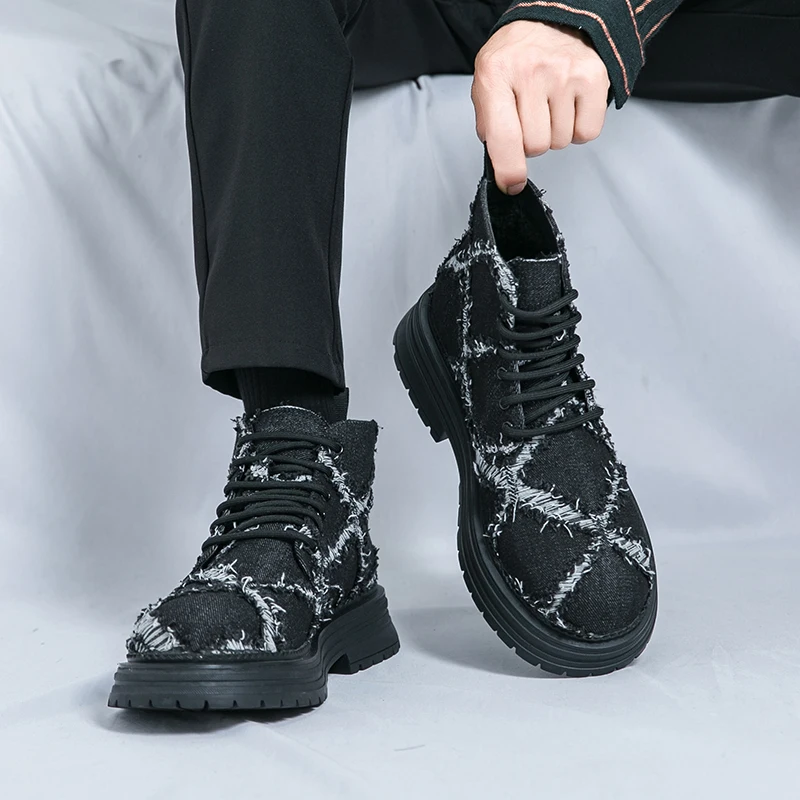 

Autumn and Winter New Men Fabric Derby Shoes Niche Thick Sole Height Increasing Casual Big Head Breathable Retro Short Boots