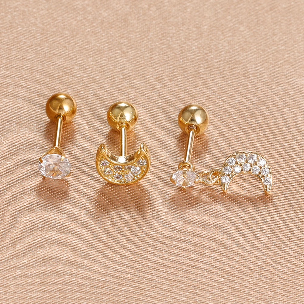 رائعة ريترو القمر الفولاذ المقاوم للصدأ الزركون الأذن وأقراط مجموعة للنساء موضة الكورية 14K مطلية بالذهب القرط مجوهرات
