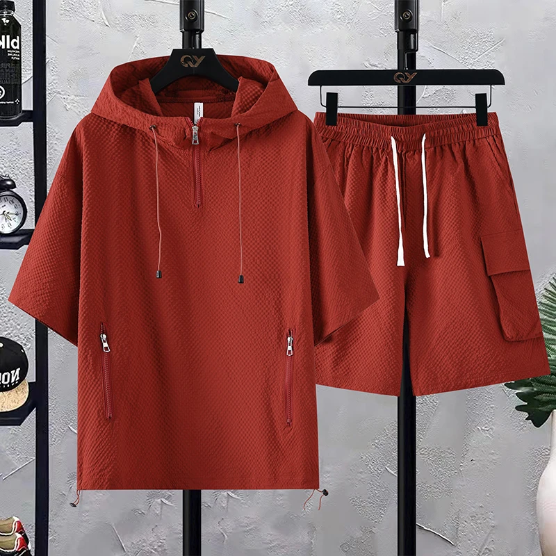 

Short-Sleeved+Shorts Men'S Summer New Solid Color shirt men High-Quality Fashion Trend Loose Breathable Casual Hooded Set