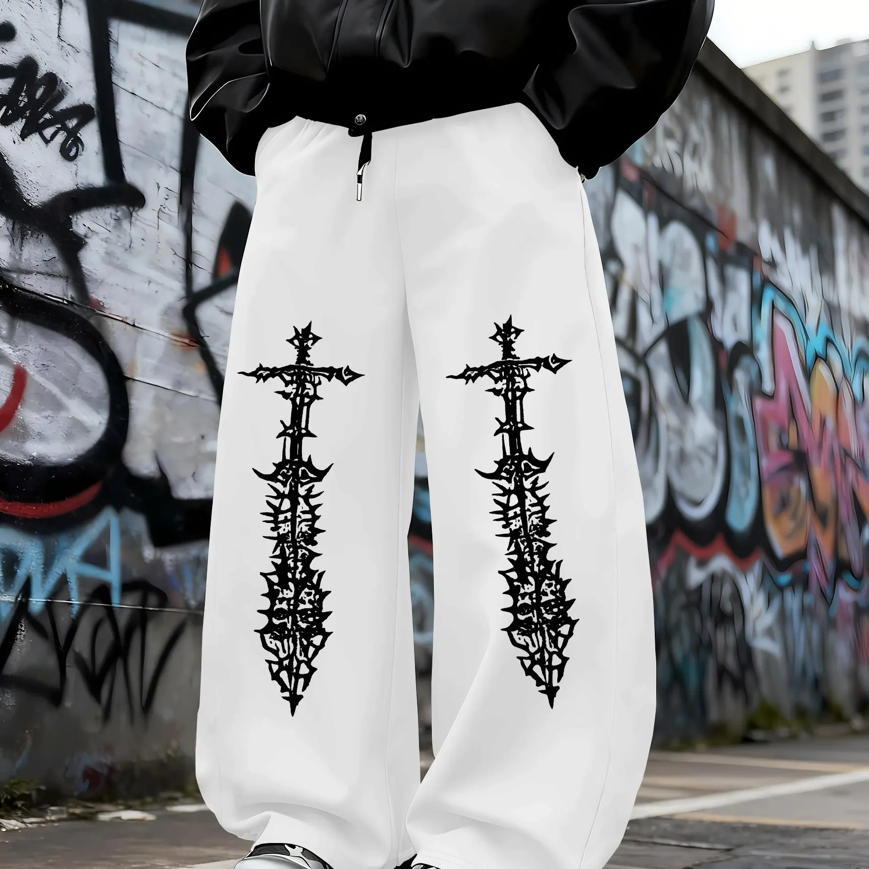 

Men's Sports Pants with Unique Black Thorn Cross Sword Style Pattern Printed on Comfortable Pants