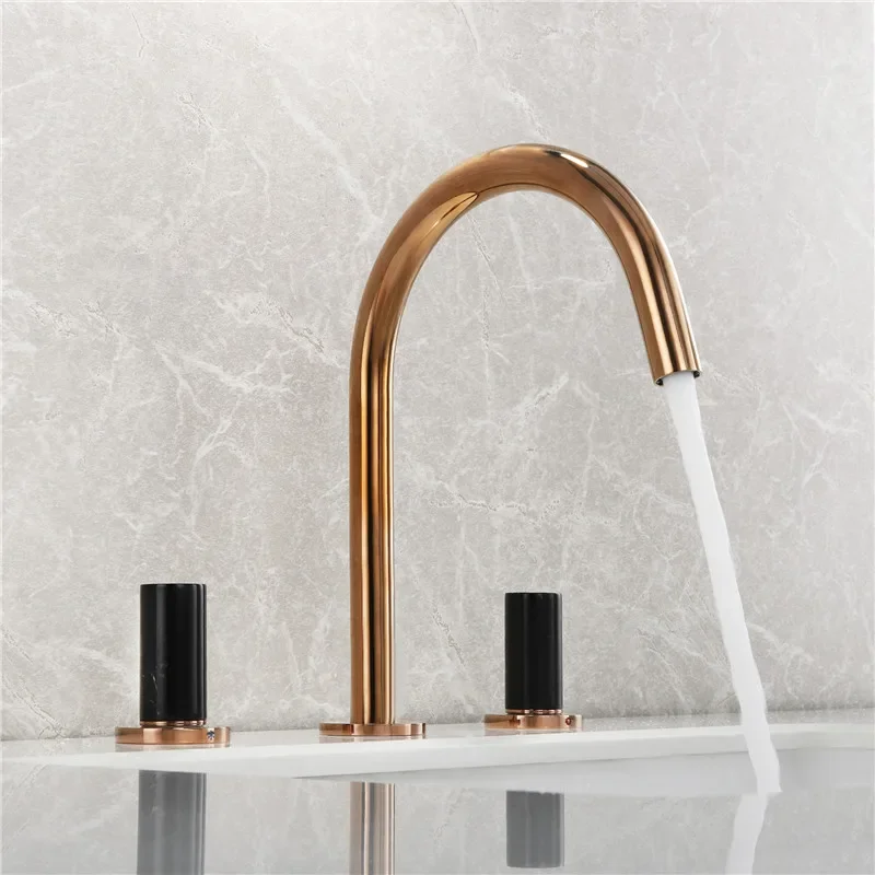 

Bathroom Faucet Rose Gold and Black Widespread Basin Faucets Soild Brass Sink Mixer Hot & Cold Lavatory Crane Vessel