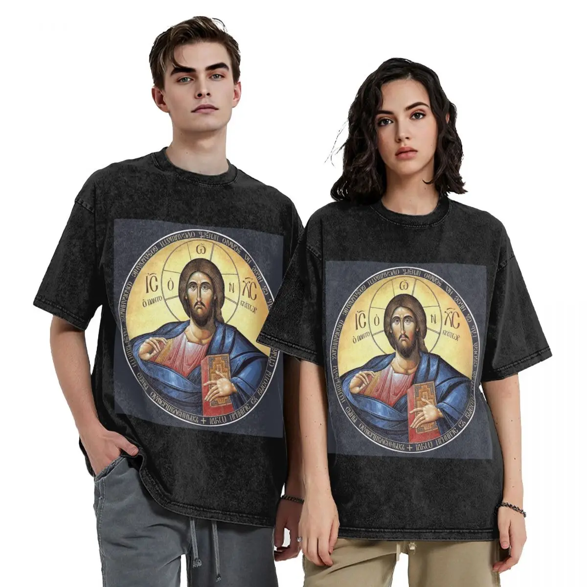 Christ Pantocrator Orthodox Icon Hip Hop Short Sleeve T-Shirts Washed Tops Tees Streetwear T Shirt Oversized for Men Women