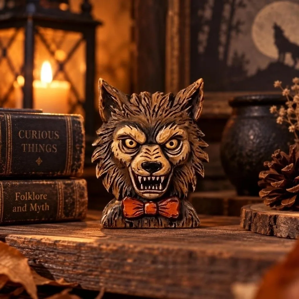 Wooden Halloween Ornaments Wolf Spooky Ghost Figurine Blood Man 2D Printed Witch Statue Decoration Christmas