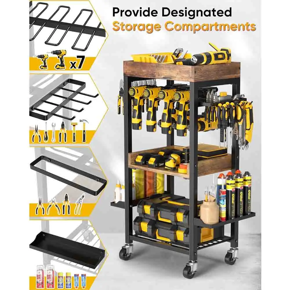 Power Tool Organizer Cart with Wheels, Movable Garage Tools Storage, 4 Layer Heavy  Metal Rolling Tool Rack Cordless Drill