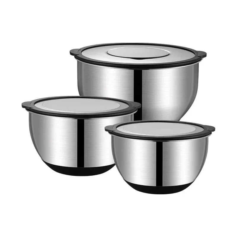 

3-Piece salad bowl set, silicone base, non-slip transparent lid, for baking pastries