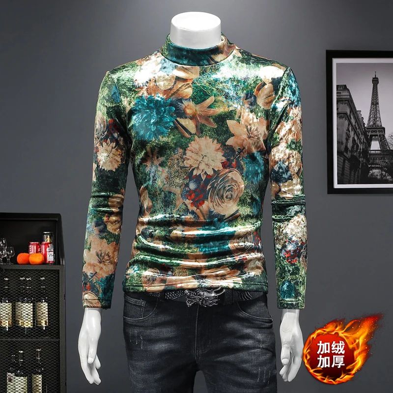 Luxury Turtleneck T Shirt For Men Long Sleeve Floral Print Casual Winter High Quality Velvet Easy Care Slim Fit Smooth Camisetas