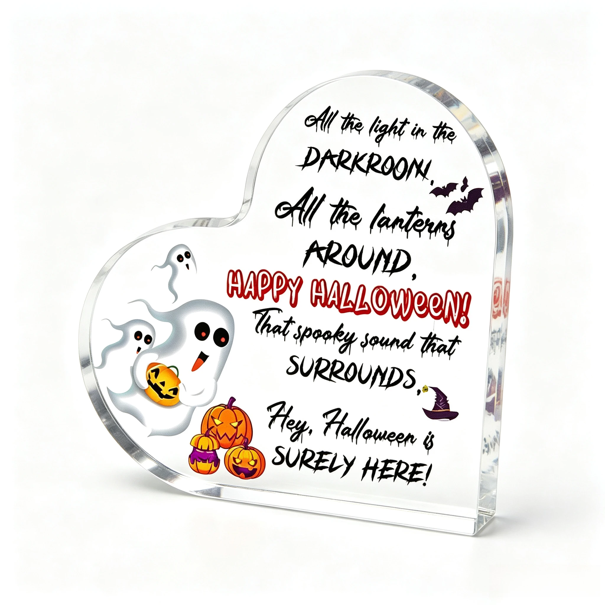 Halloween Quote Heart Acrylic Keepsake Plaque, Trick‑or‑Treat Character Tabletop Decor