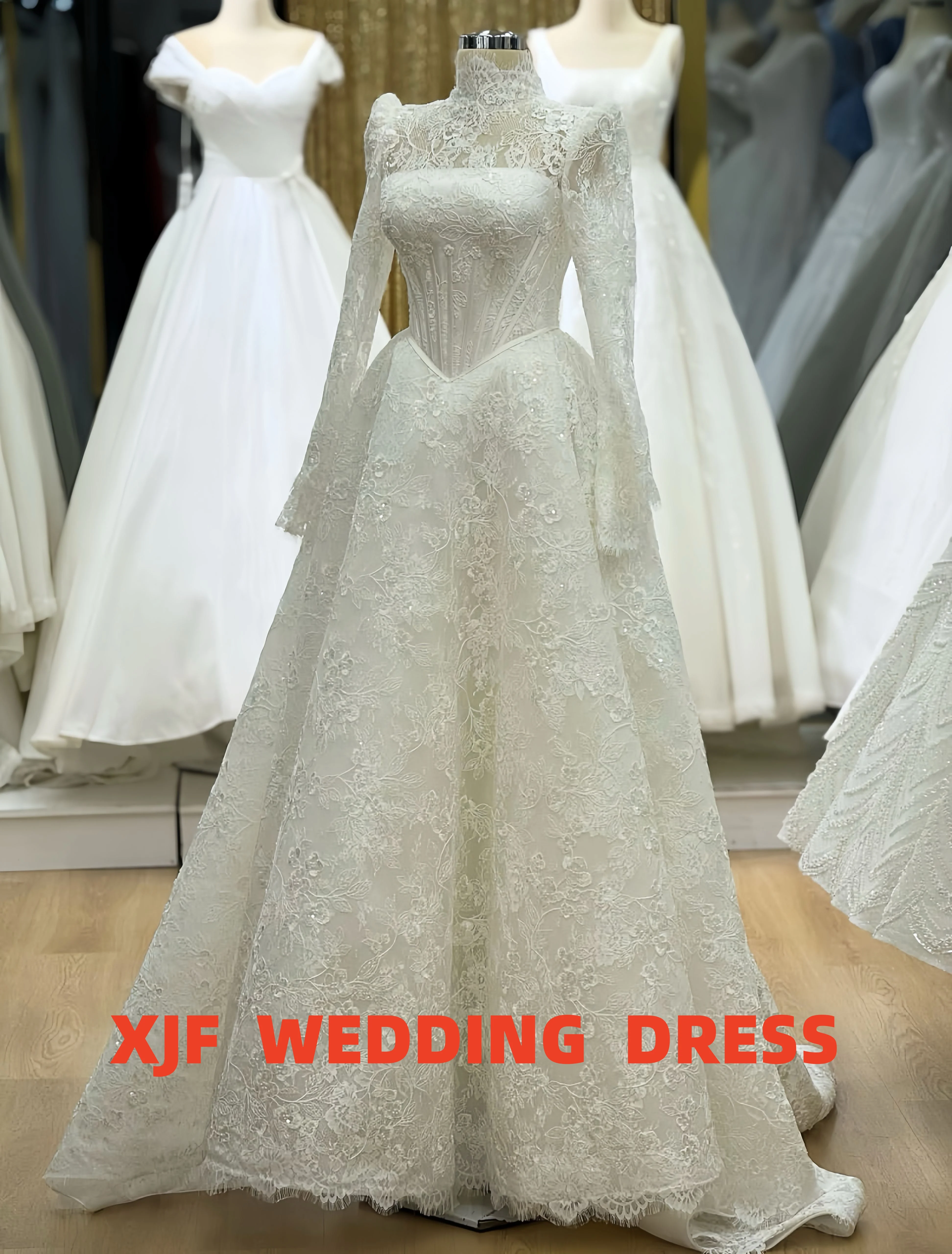 

Элегантное кружевное свадебное платье по индивидуальному заказу с высоким воротником и длинными рукавами, трапециевидное свадебное платье robe de mariee, платья de novia