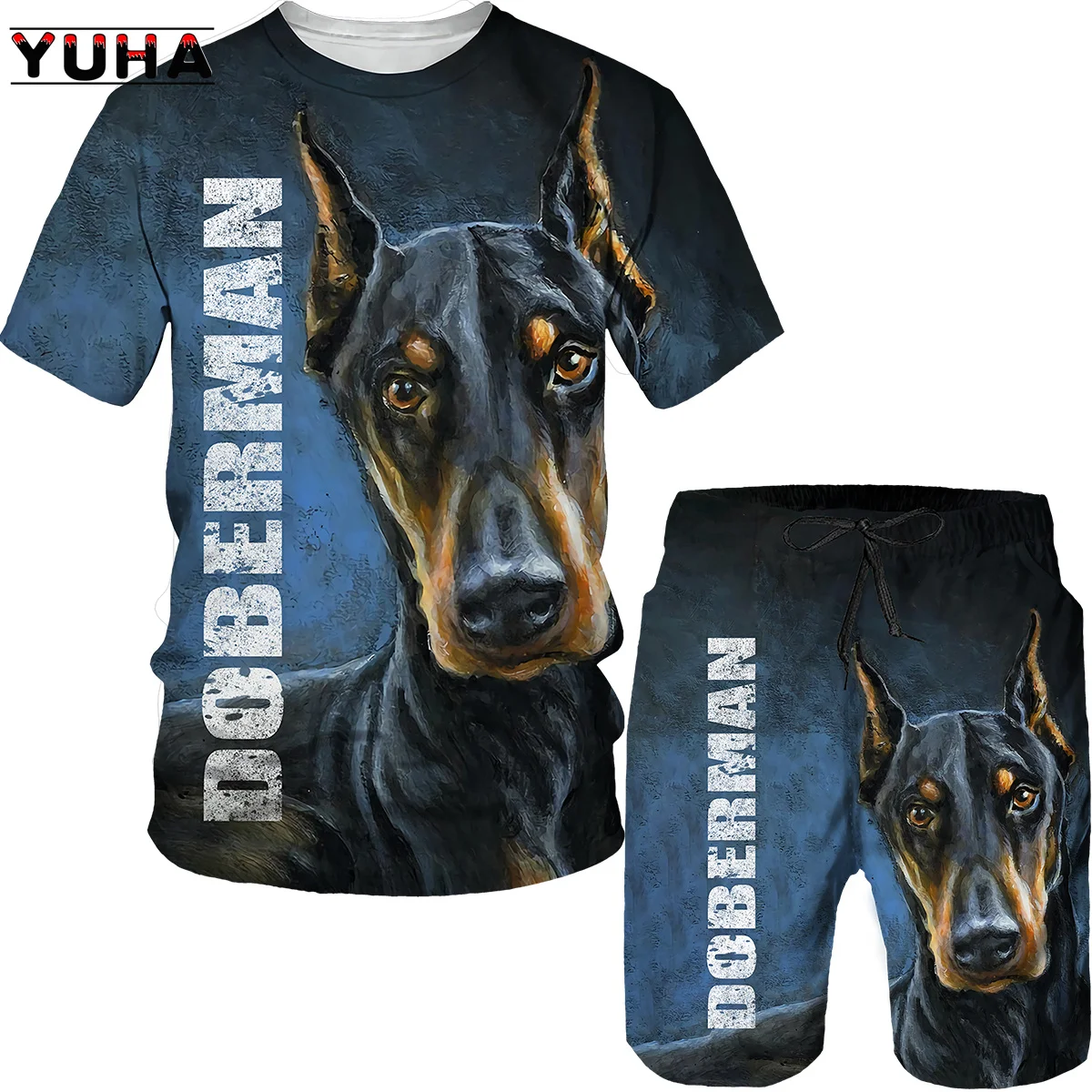 YUHA, Summer Doberman 3D Printed T Shirt and Men\'s T-shirts Shorts Fashion Sportswear Tracksuit O Neck Short Sleeve Mens Clothes