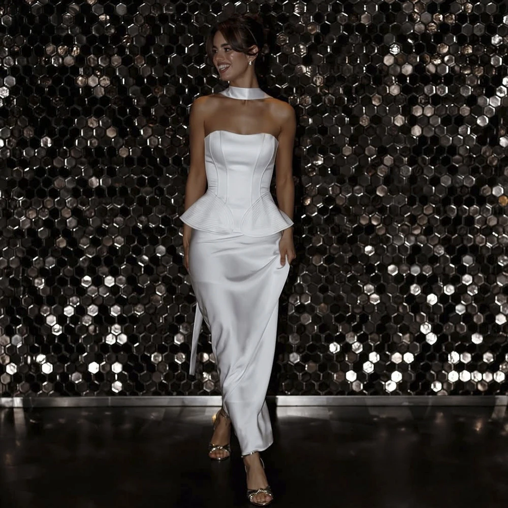 

Simple White Elegant Women Evening Dresses Formal Strapless Ankle-Length Sleeveless Dress Prom Party Long Gowns Vestidos