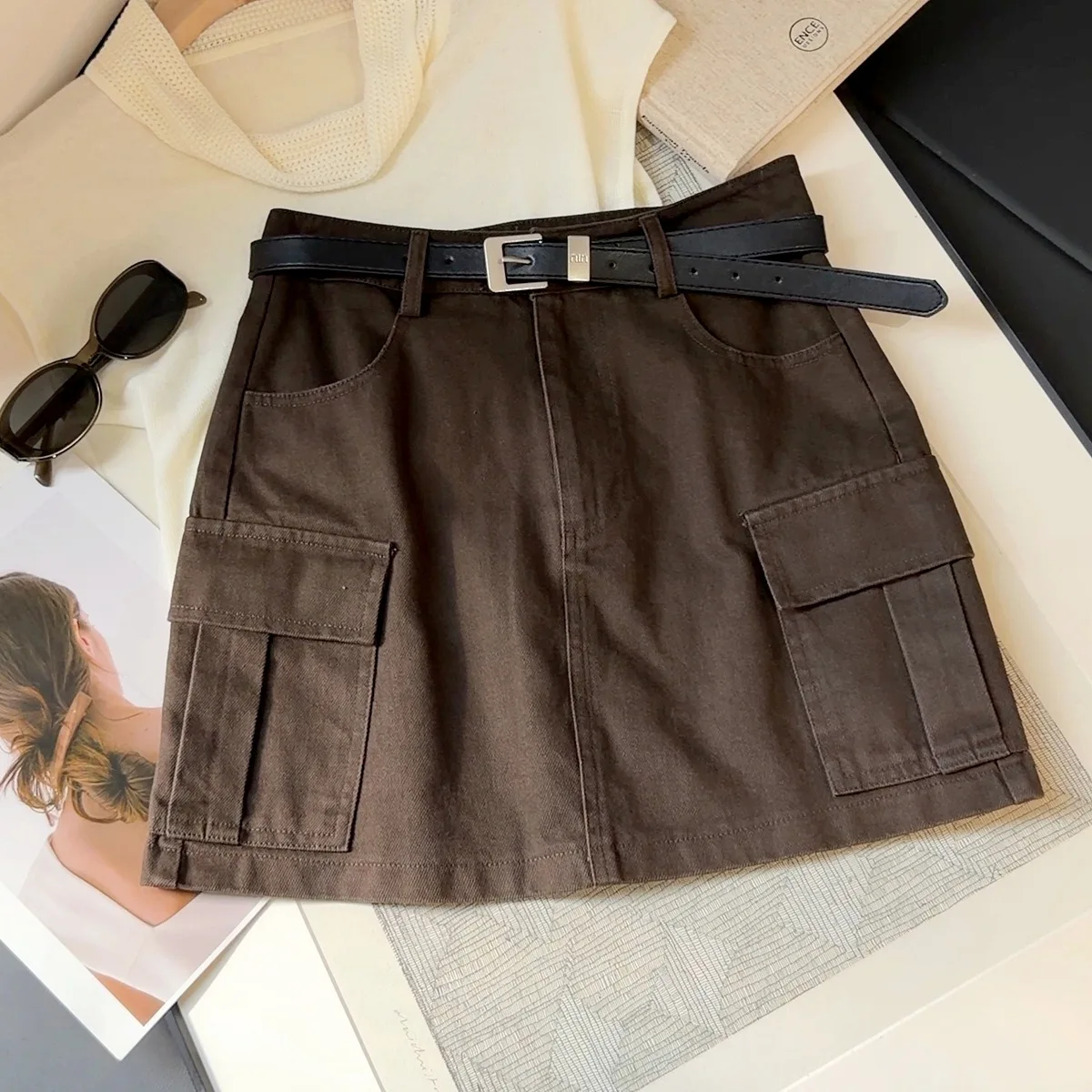 Retro Multi-pocket Tooling Cargo Skirt Women's Autumn New Casual High Waist A-word Denim Hip Skirt