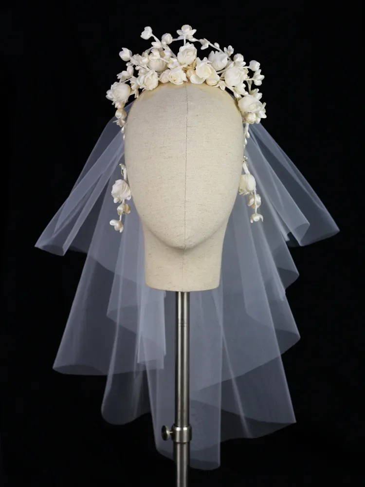 Romantic Off White Color Rose Blossom Crown Earrings Set Women's Hair Band Wedding Delicate Headband Jewelry Hair Accessories