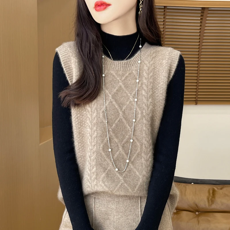 Autumn and winter new 100% pure wool women\'s O-neck pullover sweater vest knitted cashmere bottoming shirt