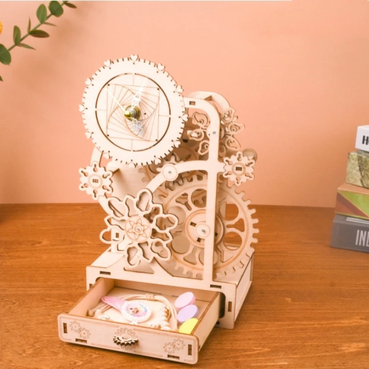 Creative 4 in 1 Pen Holder with Clock Music box 3D Wooden Jigsaw Puzzle Assembly Model Birthday Gift Home Decora