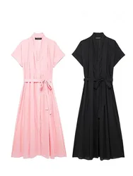 HH Women Summer Solid V-Neck Short Sleeves Bow Lace-Up Decoration Pleated Dress 2024 Female Fashion Slim Casual Long Dress