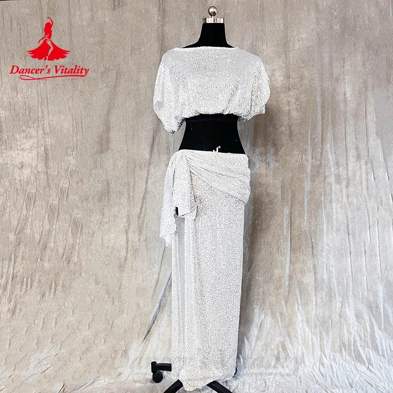 طقم رقص شرقي نسائي ، قميص نوم قصير مزين بالترتر حسب الطلب ، تنورة طويلة منقسمة ، 2-زي أداء شرقي