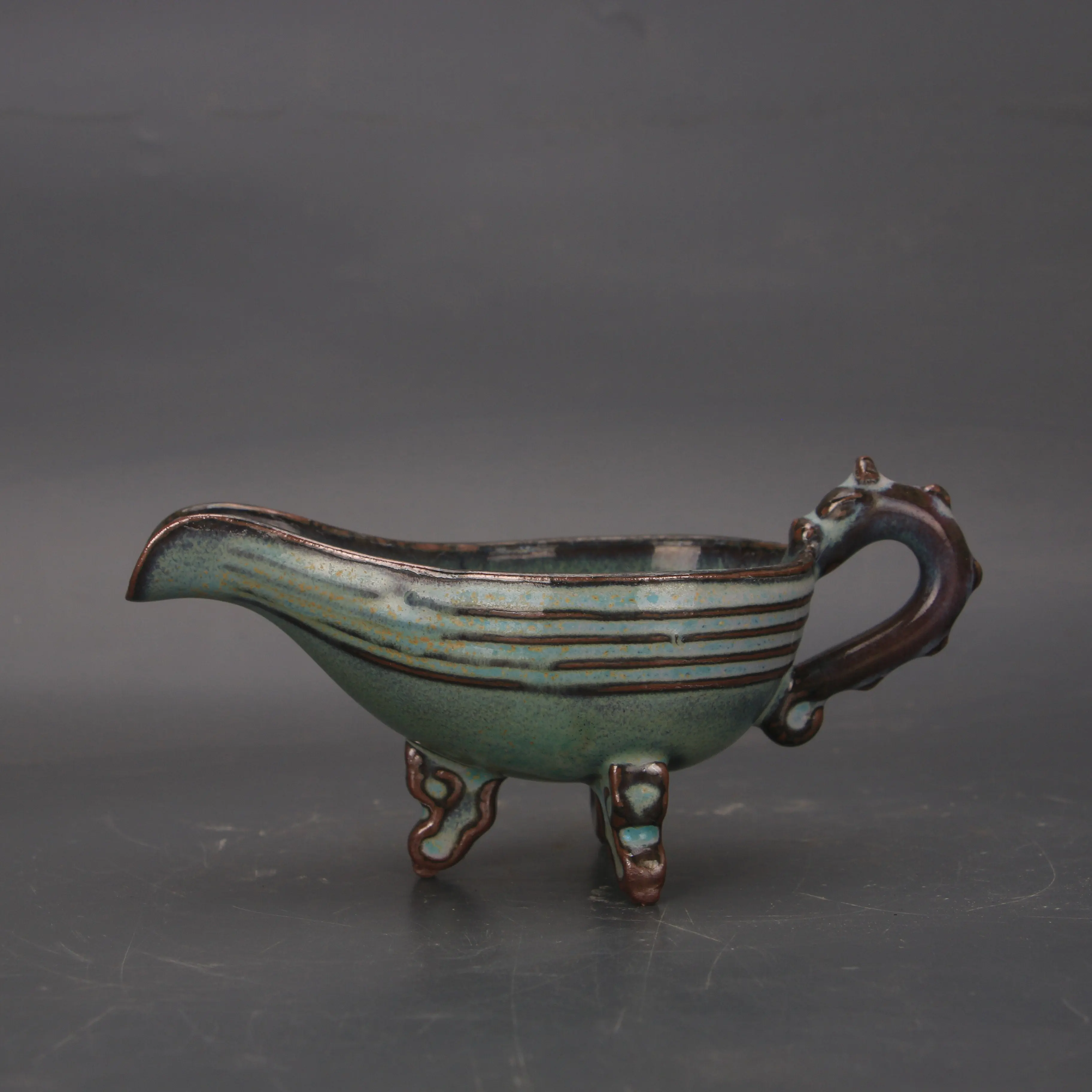 Song Dynasty Jun Ware Furnace Glaze Dragon Handle Three Leg Cup Replica Handmade Chinese Porcelain Home Decor Gift