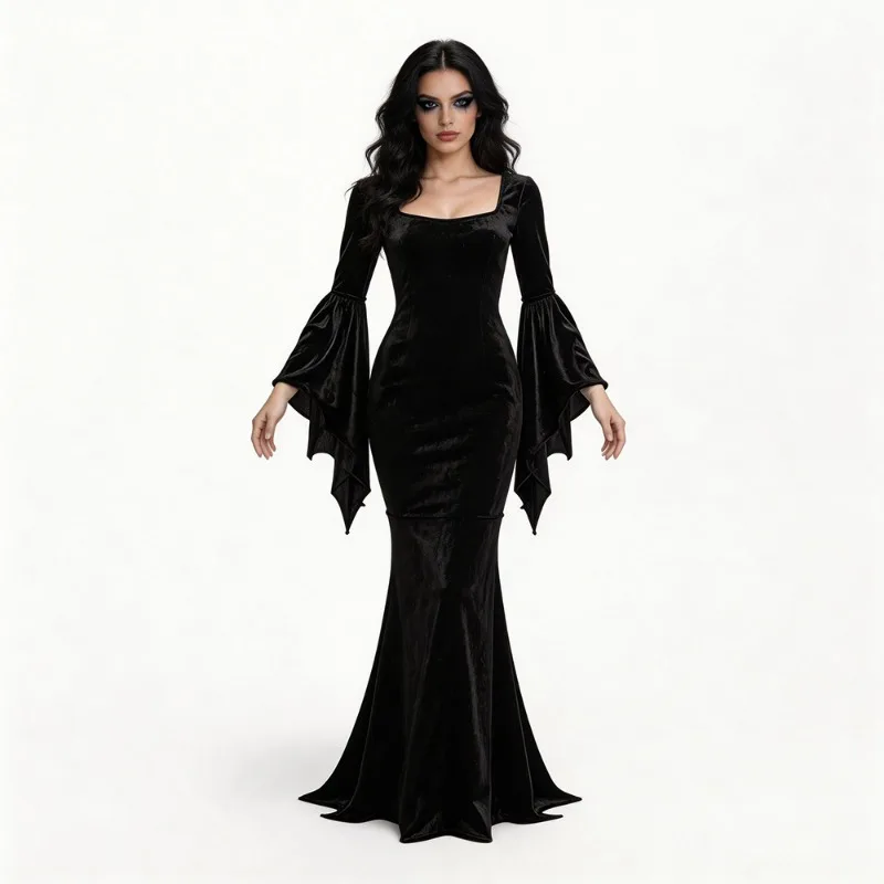 

Witch Dress Halloween Vampire Cosplay Costume Black Long Dress Terror Dark Outfit Gothic Gown Robe Bat Sleeve Horror for Adult
