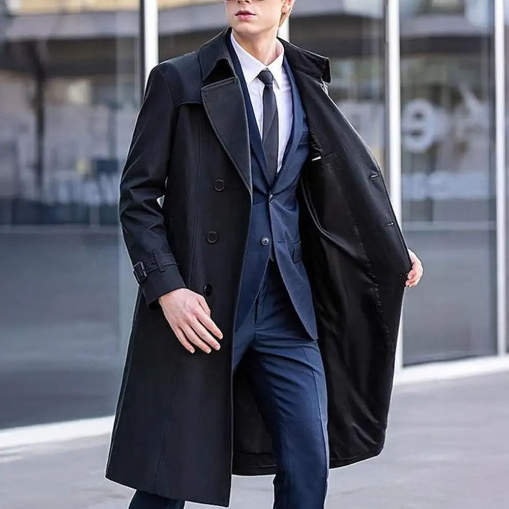Men Casual Windbreaker Lapel Long Sleeve Double Breasted Mid-Length Coat Solid Color Warm Jacket Windproof Business Outerwear.