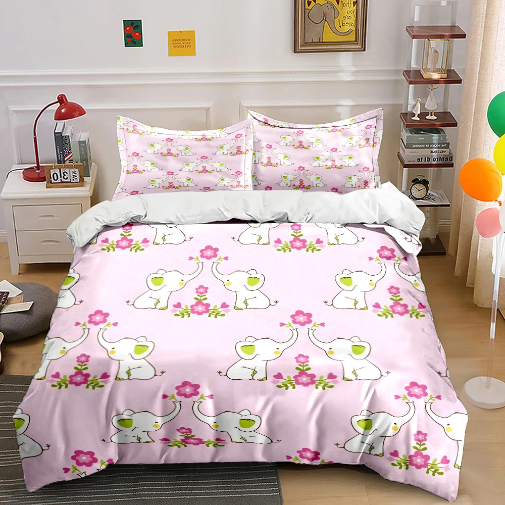 ピンクの漫画の象と花柄の布団カバーセットデジタルプリントポリ - Duvet Cover Sets With Zipper のレビューと価格