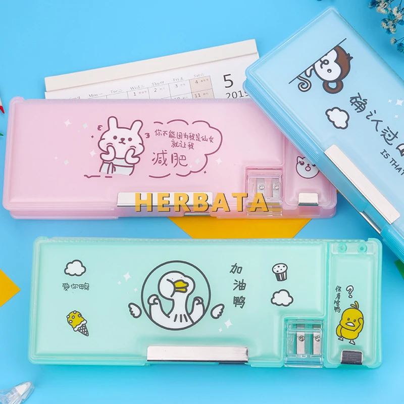 cartoon pencil box pencil sharpener pencil case double door double open holder boy girl gift stationery Escolar Papelaria 19181