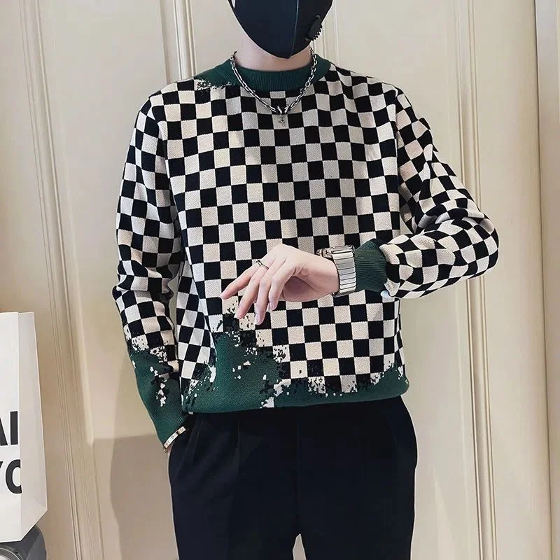 Suéter a cuadros para hombre, suéter básico de invierno de punto con cuello redondo ajustado para primavera y otoño