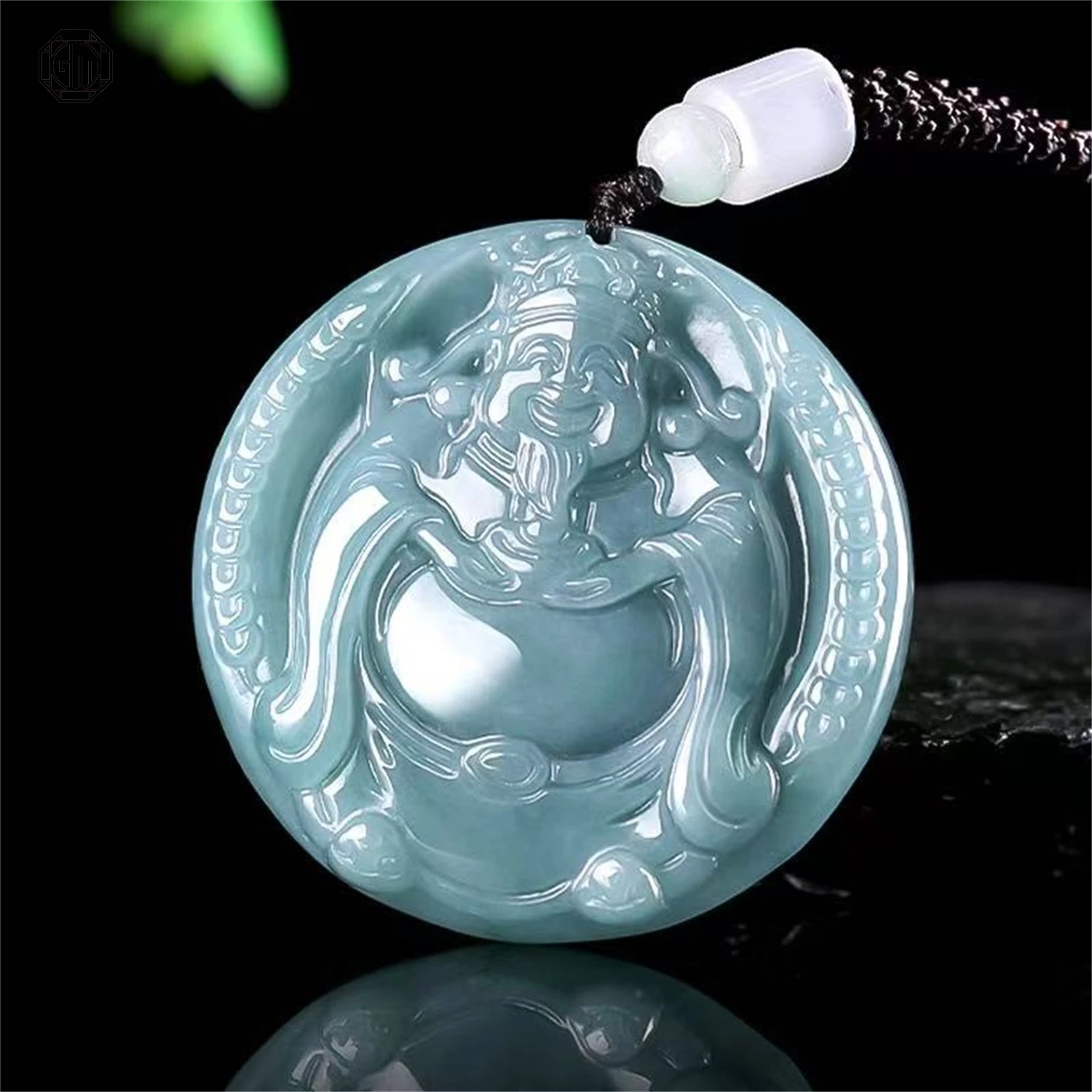 Natural Grade A Jadeite Blue Water Welcoming Wealth God Prosperity Pass Pendant Ice Translucent Unisex Men Women Gemstone