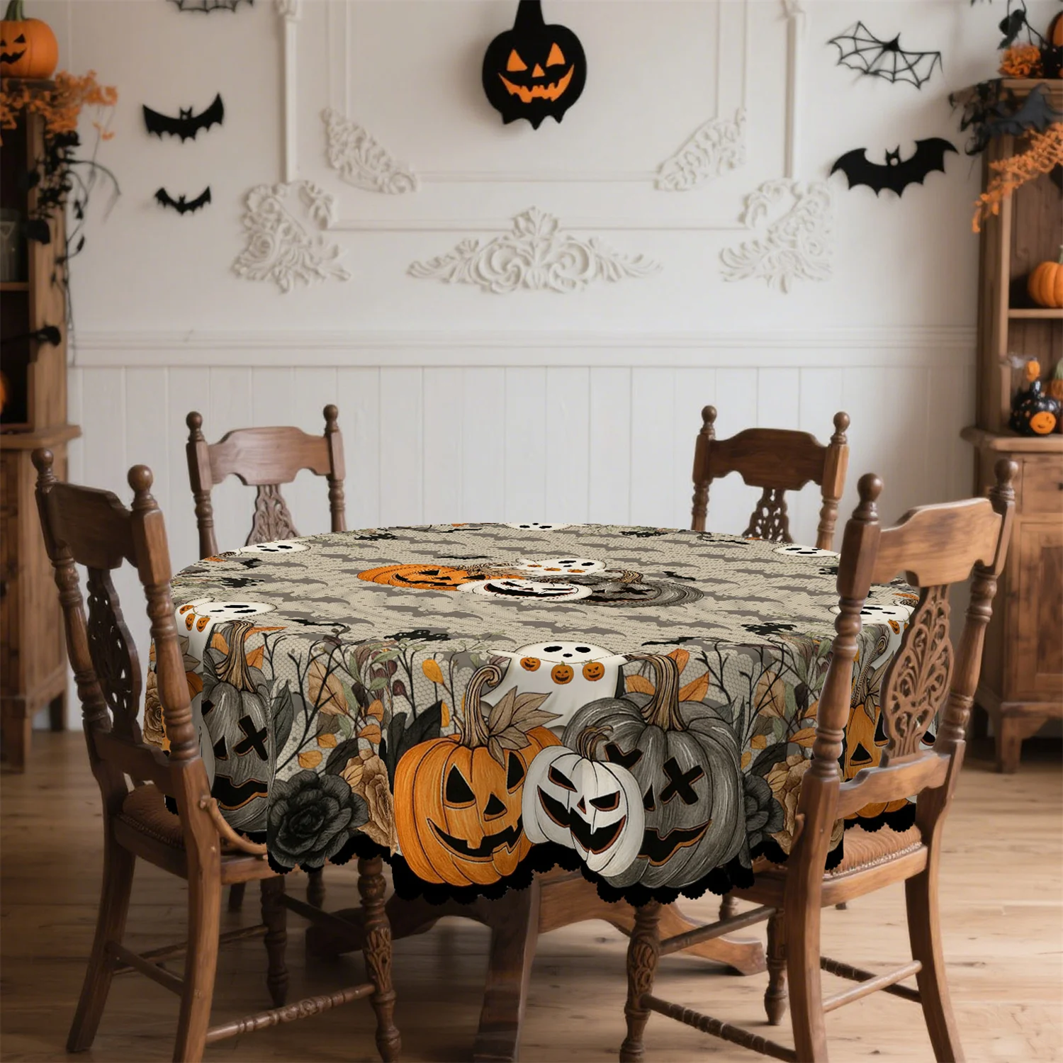 Pumpkin lantern bat dried leaves flower Halloween tablecloth, suitable for rectangular and round dining tableszyc