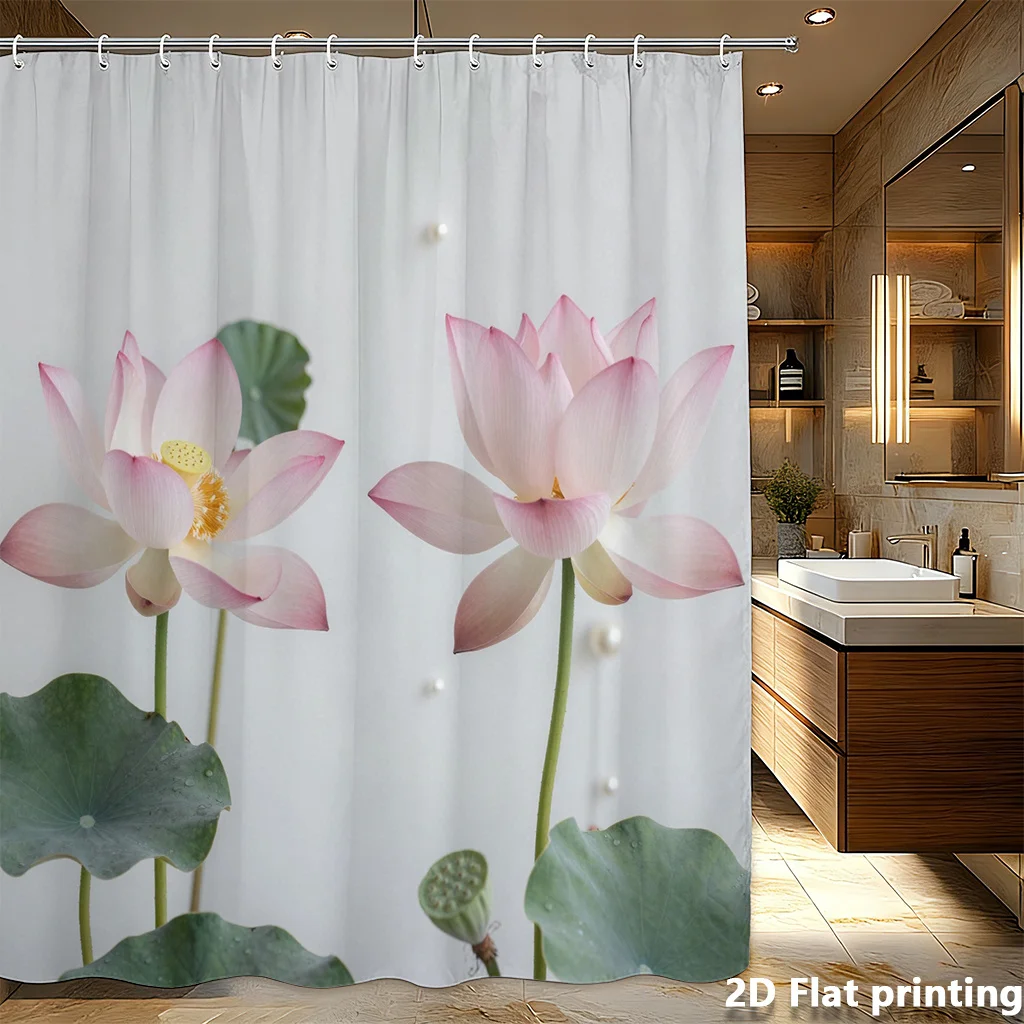蓮の花のシャワーカーテン-–-ピンクの花と緑の葉、2dフラットプリント、ポリエステル、グロメットトップ、71x71インチ