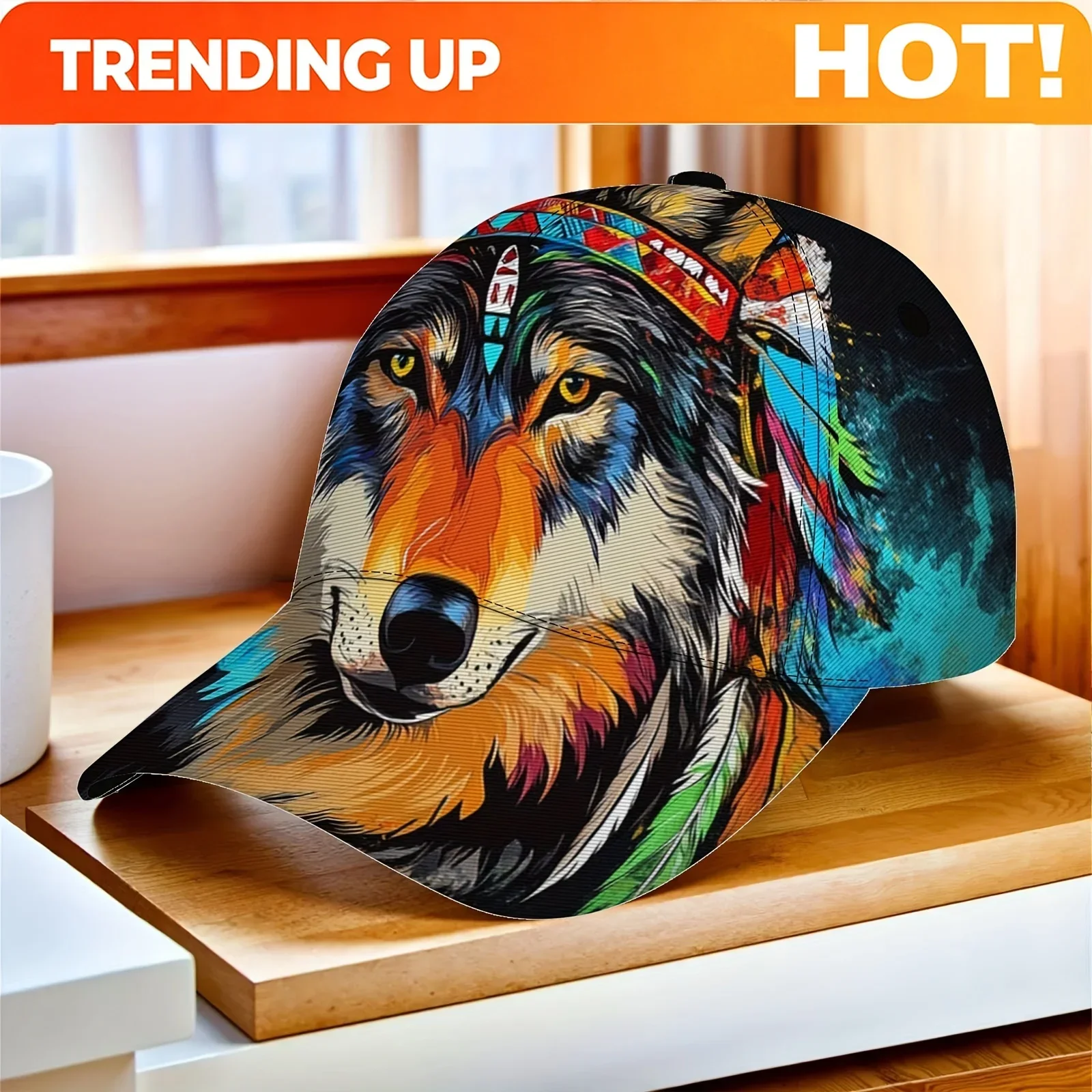 Custom A Colorful Splash-Printed Duckbill Cap Featuring A Tribal Wolf Portrait, Designed For Both Men And Women. It Offers Breat
