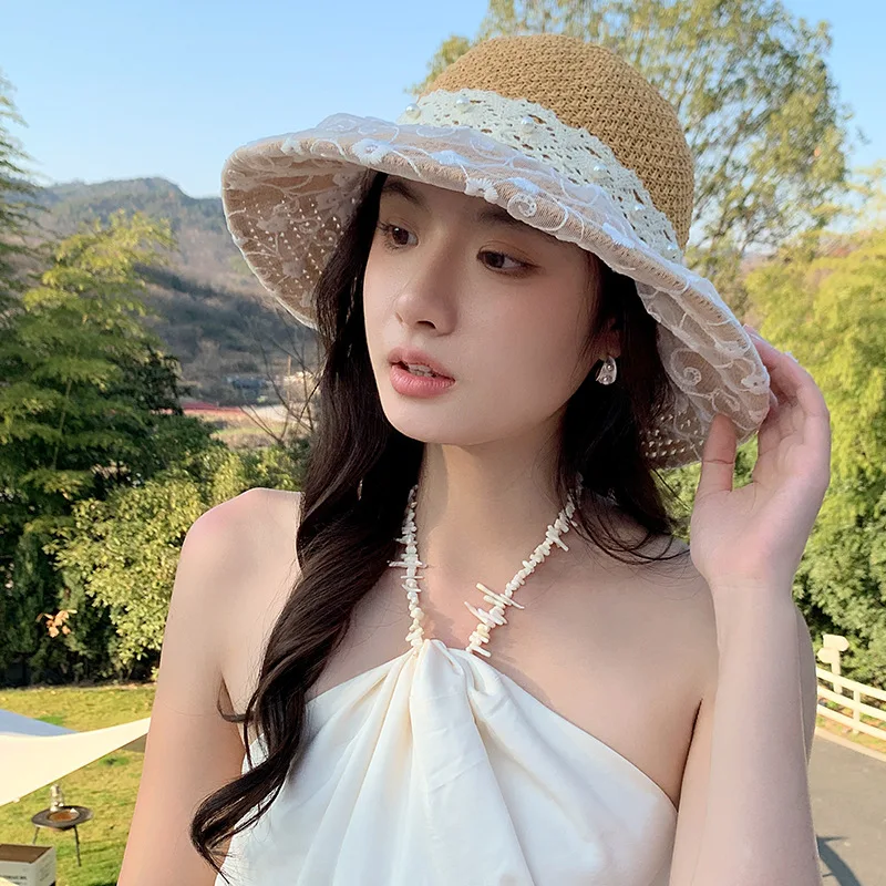 Straw Hat Female Lace Pearl Big Eaves Outdoor Sunshade Hat Beach Resort Beach Folding Sunscreen Hat