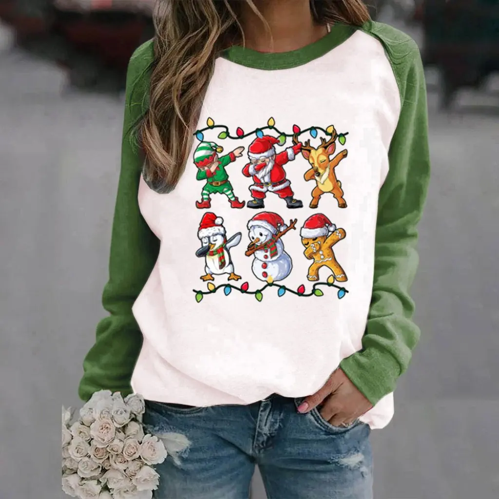 Europese en Amerikaanse stijl Raglan Pullover Fleece Sweatshirt voor dames Kerstthema Casual bedrukt ontwerp